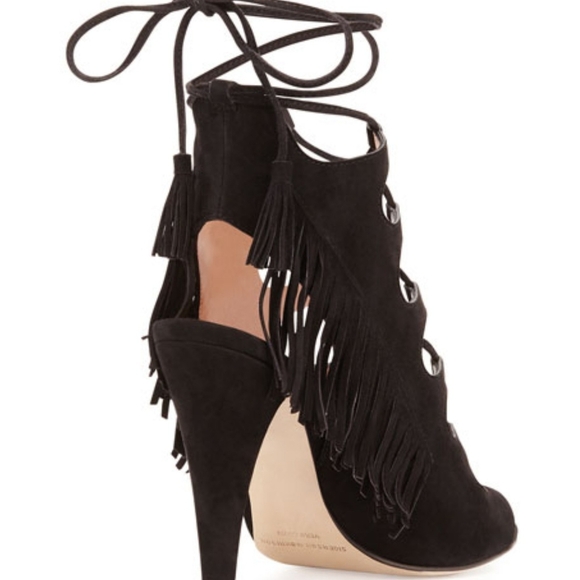 Sigerson Morrison Sandal Suede Fringe Ankle Wrap Ghillie Tie Heel Black 8.5 NIB - Picture 5 of 8